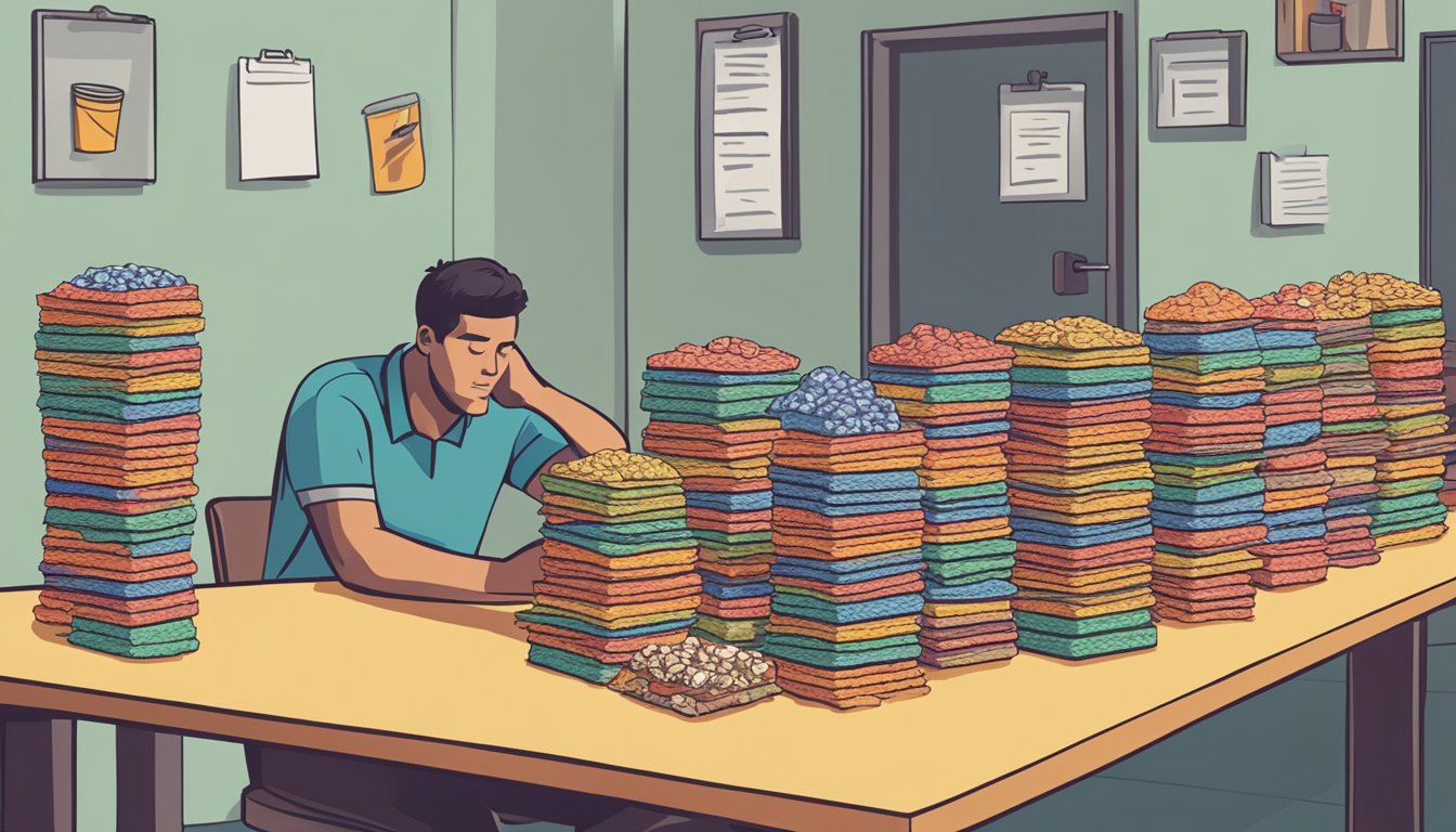 A table with multiple Clif bars stacked on top of each other, with a person pondering how many servings is too much