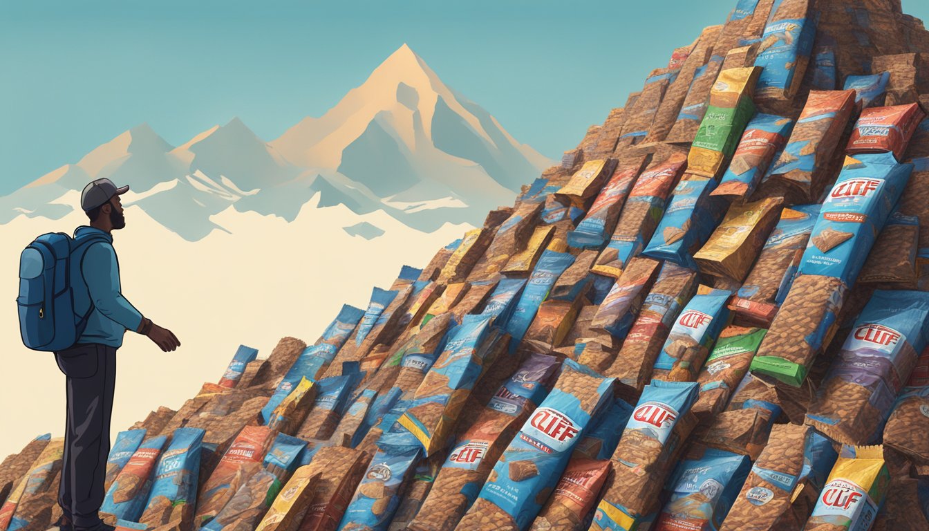 A mountain of empty Clif Bar wrappers towering over a tiny figure