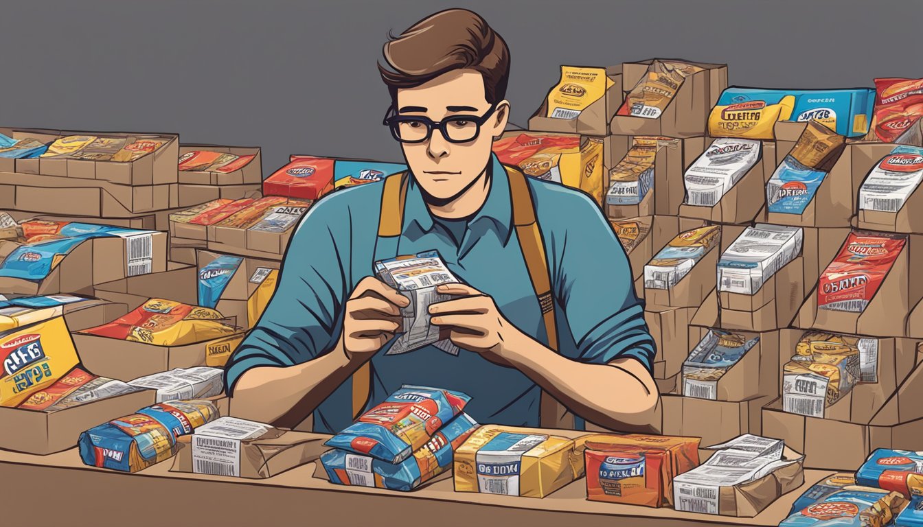 A person surrounded by empty Clif Bar wrappers, with a concerned expression, checking a nutrition label