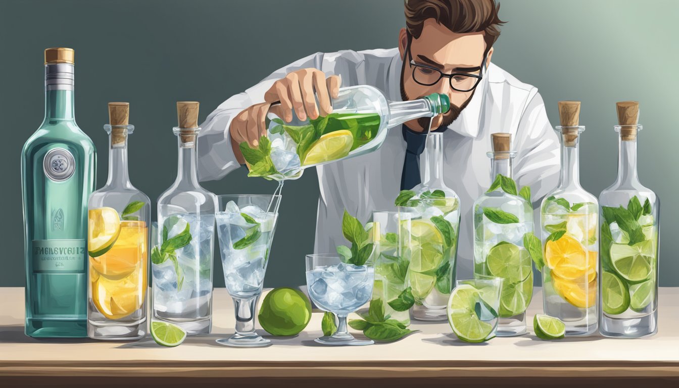 A table with various glasses filled with gin, some empty, some full, and a person pouring more from a bottle