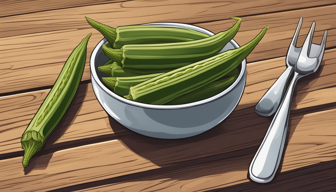 A bowl of okra with a measuring cup, a plate, and a fork on a wooden table