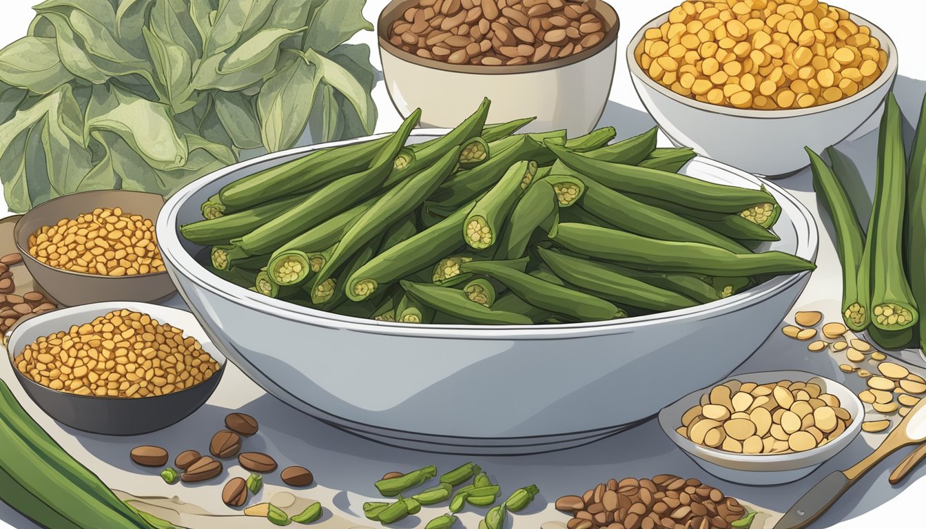 A bowl of okra sliced into servings, surrounded by other high-fiber foods like beans and whole grains, with a measuring cup nearby