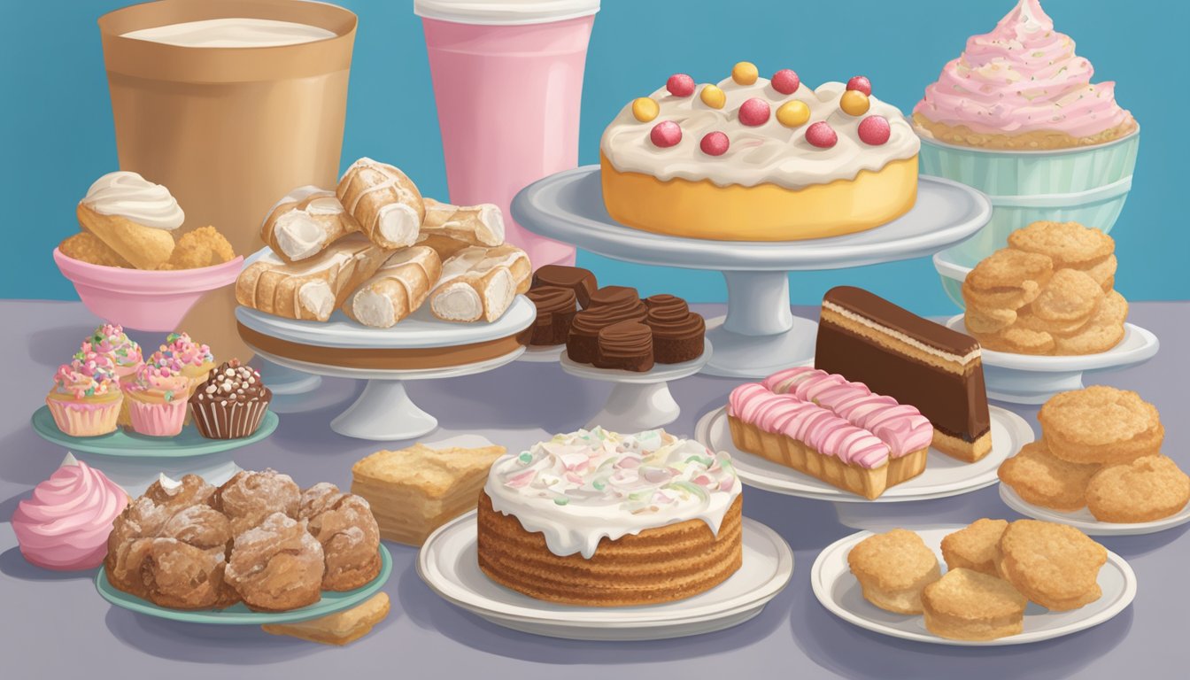 A display of iconic New Jersey baked goods and sweet treats, including saltwater taffy, crumb cake, and cannoli