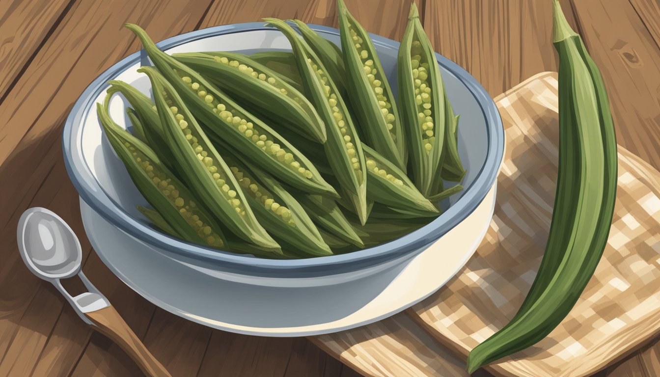 A bowl of okra pods, a measuring cup, and a plate of whole grain bread on a wooden table