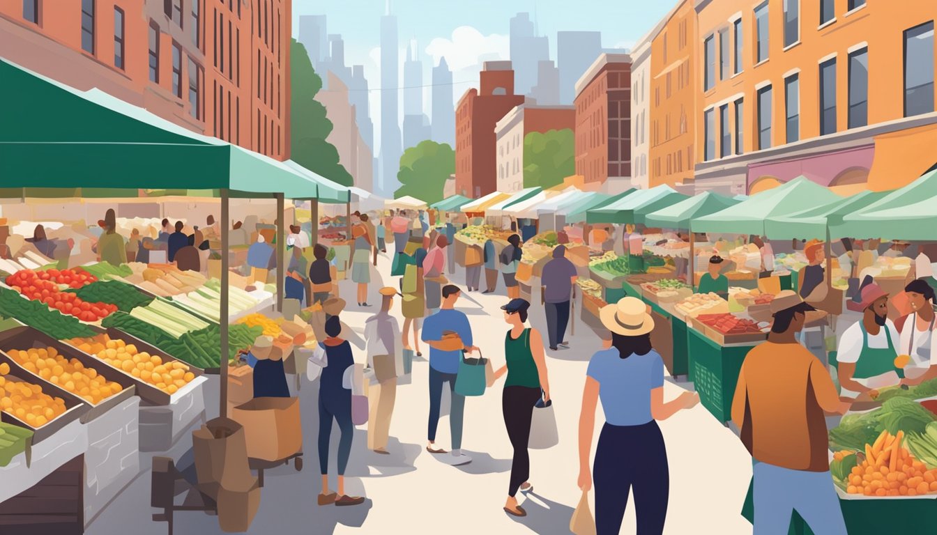 A bustling farmers' market in New York City, with colorful stalls of fresh produce, artisanal cheeses, and locally sourced meats