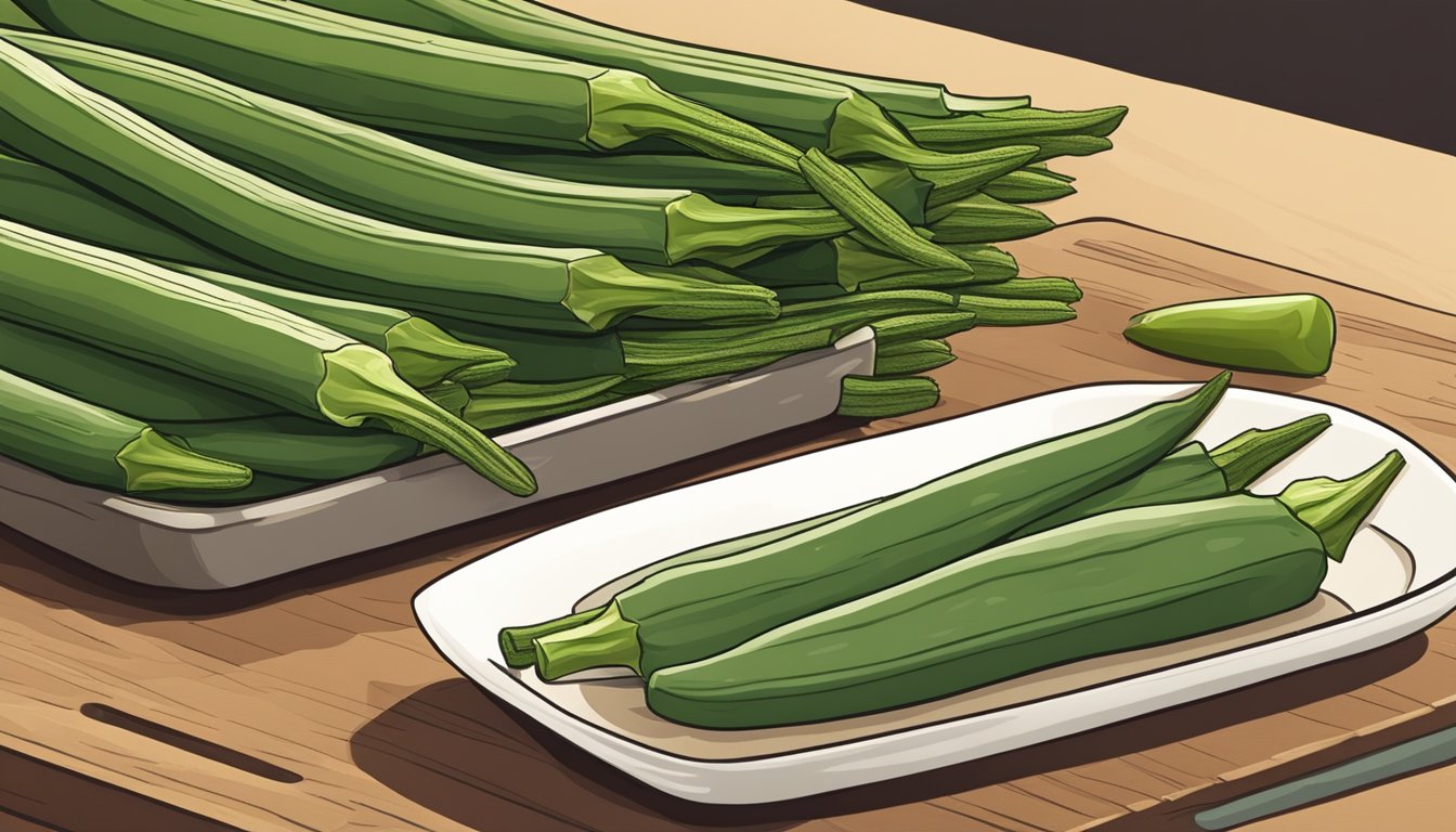 A cutting board with sliced okra, a pot of boiling water, and a plate of cooked okra