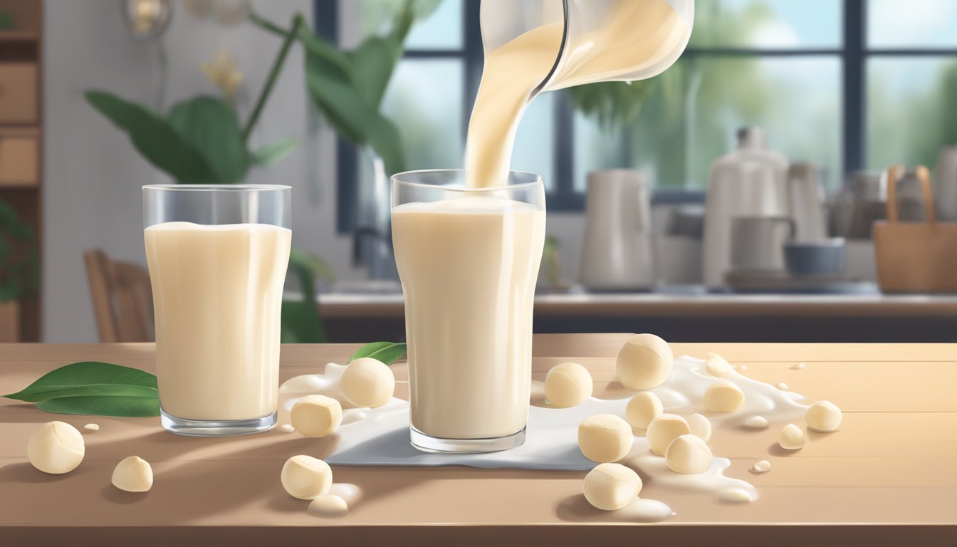 A person pouring an excessive amount of macadamia milk into a glass, overflowing with milk spilling onto the table