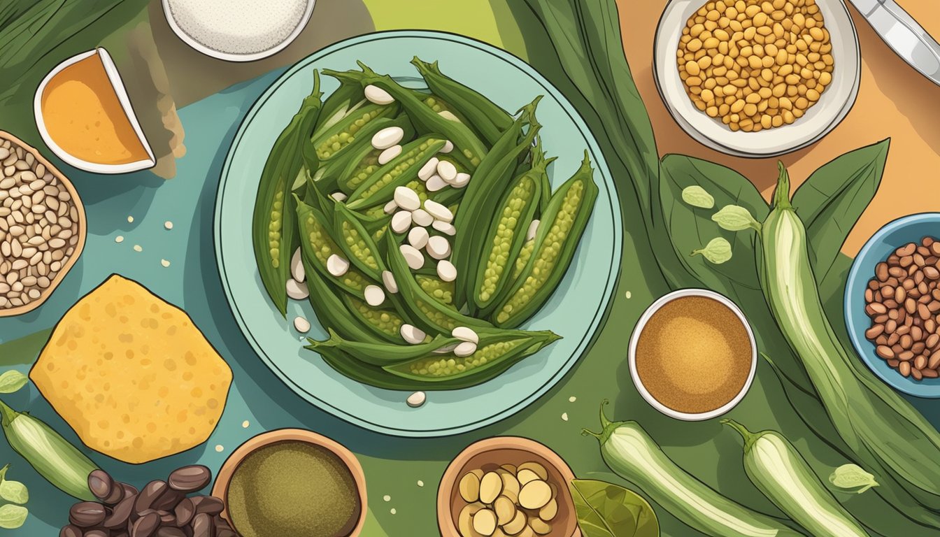 A colorful plate with a serving of okra alongside other fiber-rich foods like beans and whole grains