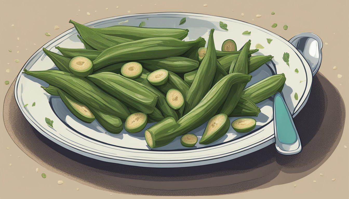 A plate with a serving of okra alongside other fiber sources like beans, whole grains, and fruits, with a measuring cup showing the optimal daily fiber intake