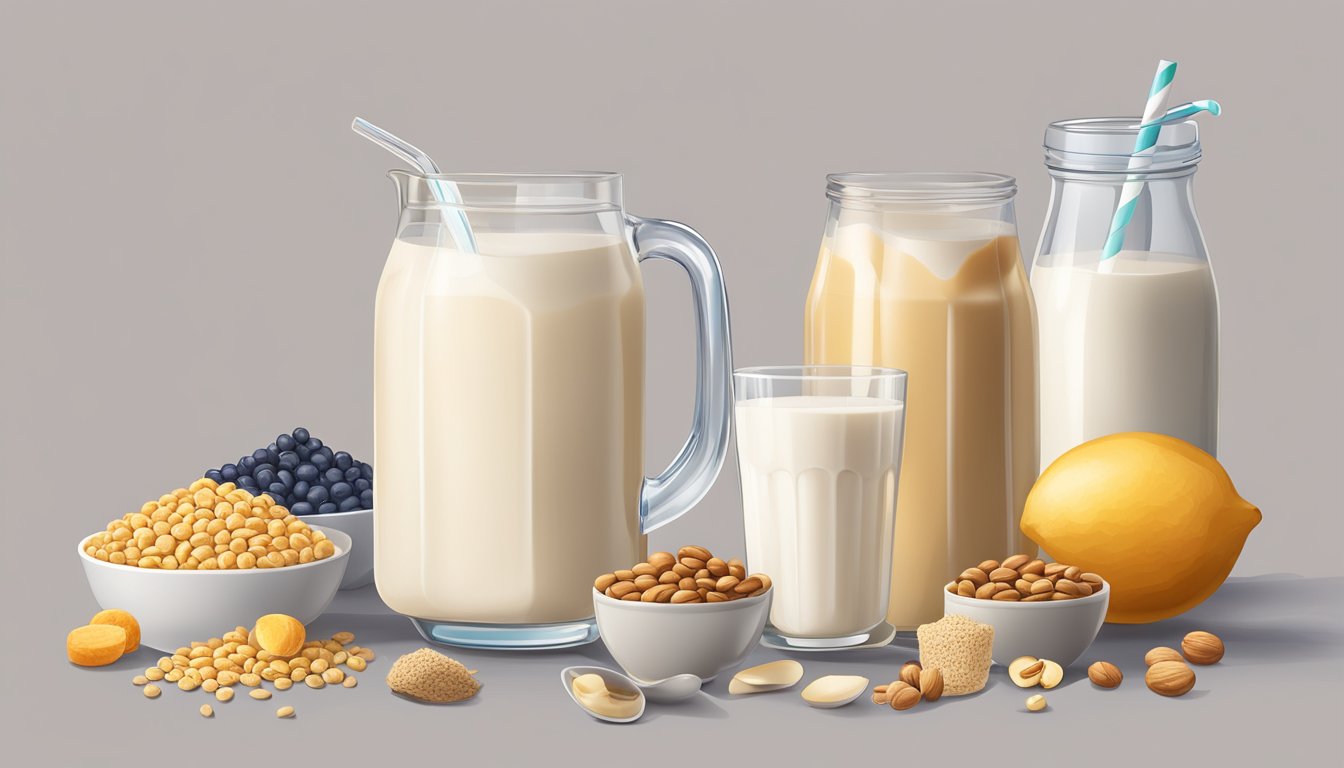 A glass of macadamia milk surrounded by various foods, such as cereal, smoothies, and coffee, with a measuring cup indicating portion sizes