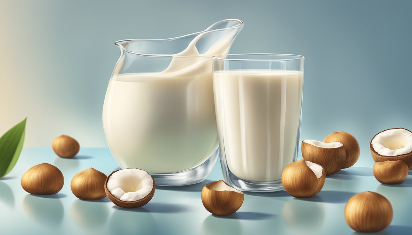 A glass of macadamia milk overflowing while other milk containers sit untouched