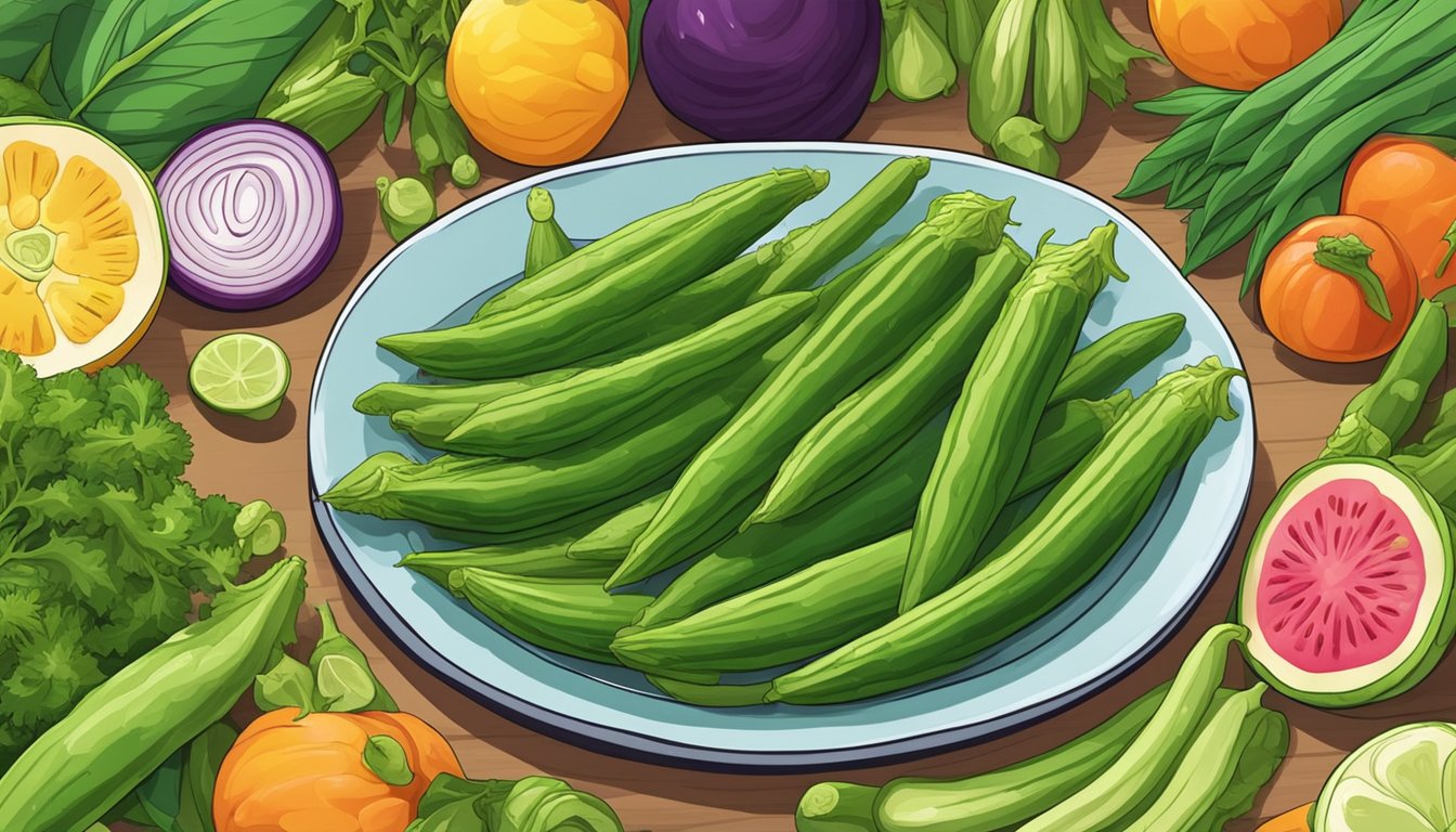 A plate of fresh okra arranged in a visually appealing manner, surrounded by other colorful fruits and vegetables