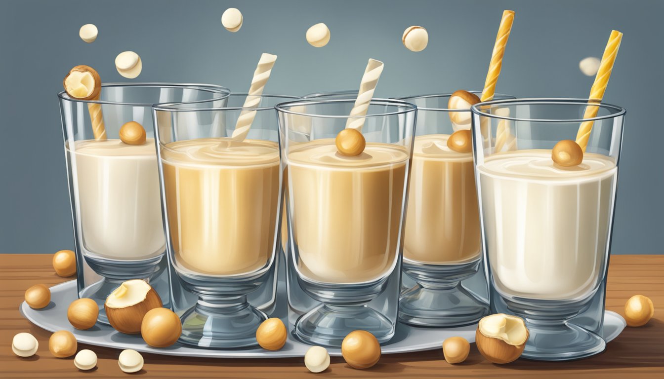 A table with multiple glasses filled with macadamia milk, some overflowing