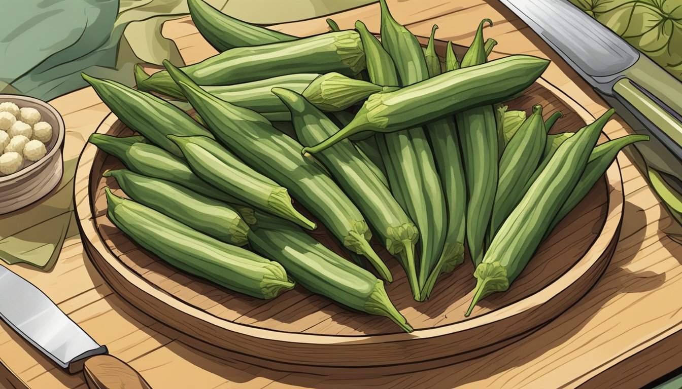 A colorful array of okra pods, sliced and arranged on a cutting board, with a steaming pot and various cooking utensils in the background