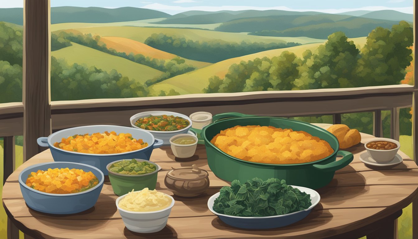 A table set with hushpuppies, collard greens, sweet potato casserole, and cornbread, surrounded by a backdrop of rolling hills and a quaint North Carolina farmhouse