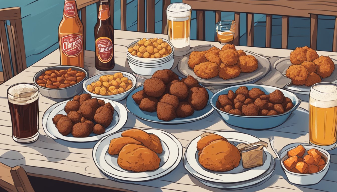 A table set with sweet tea, craft beer, and Cheerwine, surrounded by plates of barbecue, hushpuppies, and sweet potato pie