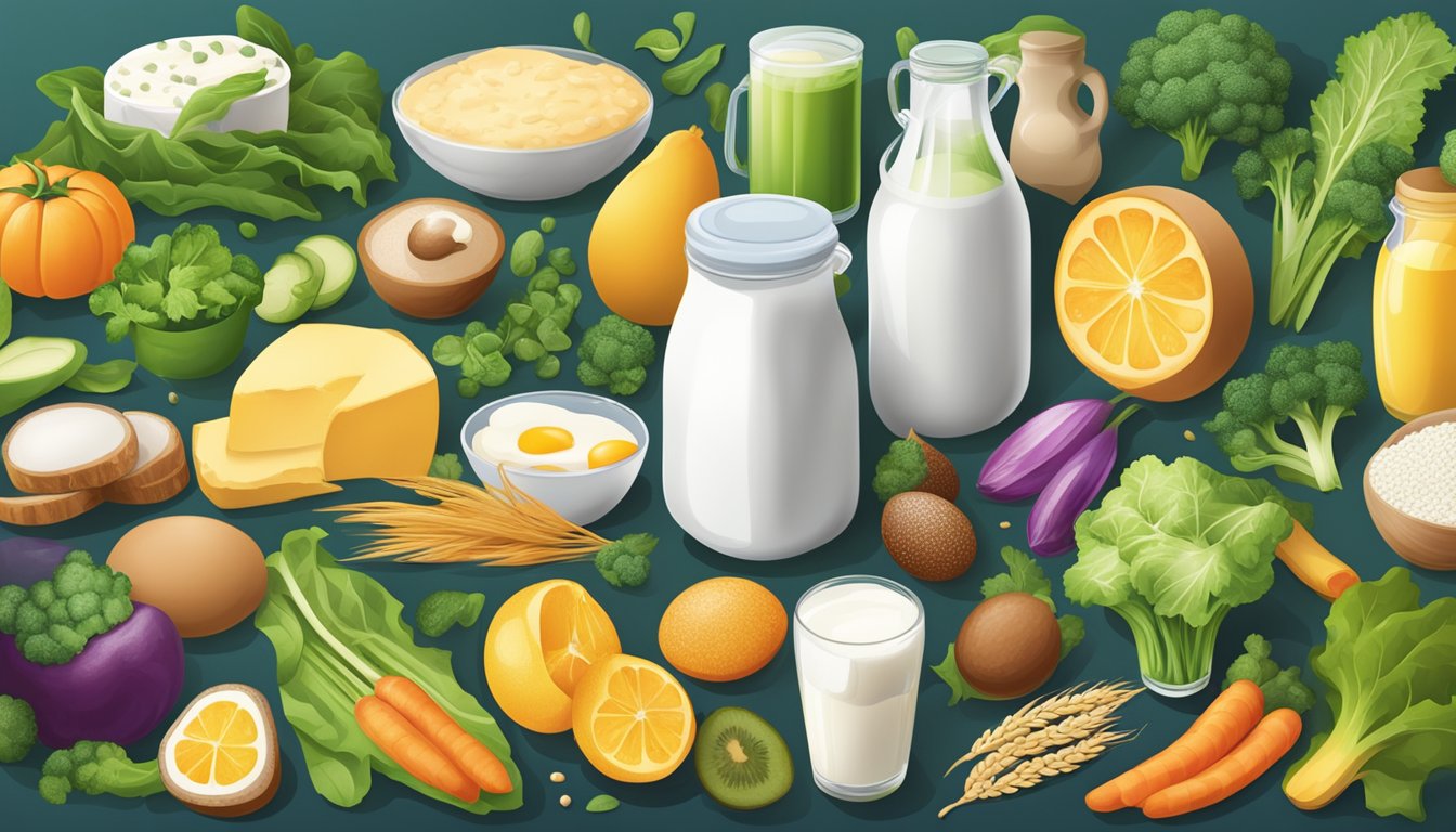 A vibrant, diverse selection of nutrient-rich foods, such as dairy, eggs, leafy greens, and whole grains, arranged around a glowing energy symbol