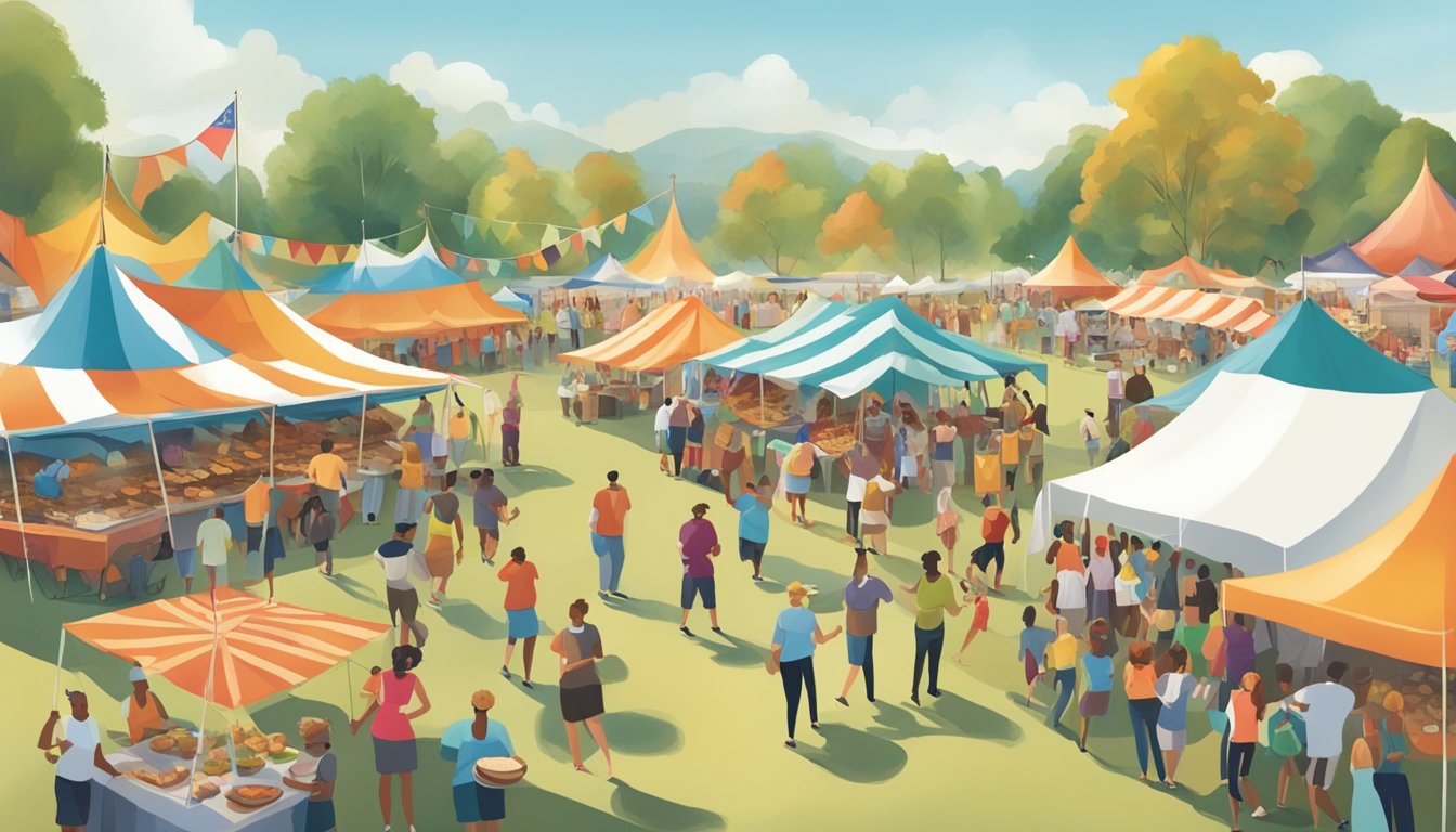 A bustling food festival in North Carolina featuring dishes like barbecue, hushpuppies, and sweet potato pie. Colorful tents and lively music fill the air