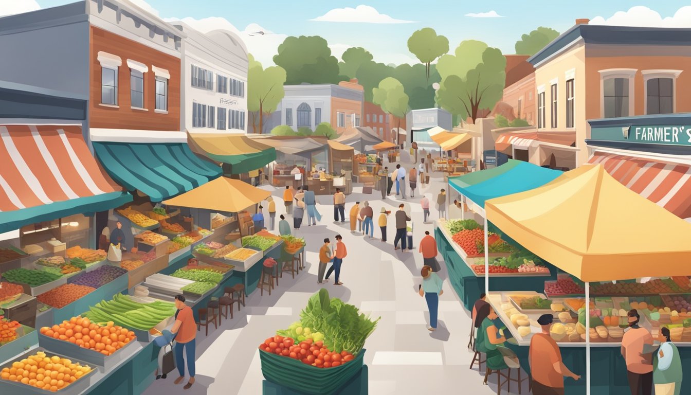 A bustling farmer's market with colorful produce and local food vendors, surrounded by cozy cafes and restaurants with outdoor seating