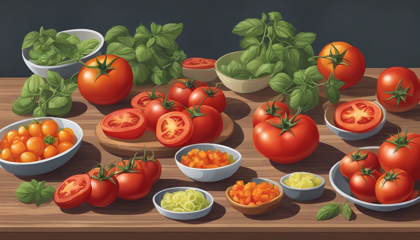 A table with various servings of tomatoes - whole, sliced, and diced - arranged in a visually appealing manner