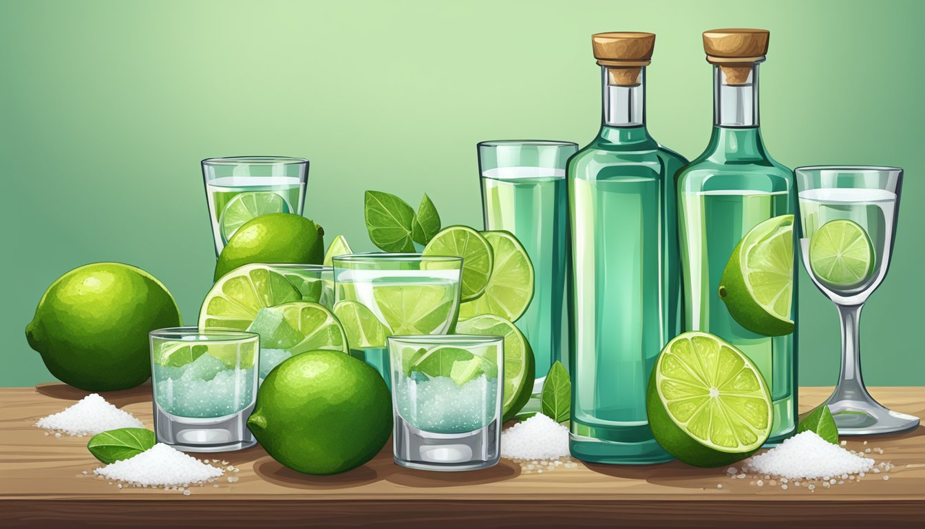 A table with several empty glasses and a bottle of mezcal, surrounded by lime wedges and salt