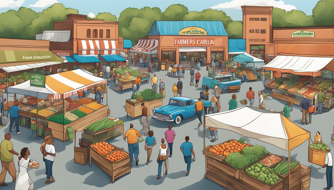 A bustling North Carolina farmers' market with iconic food brands and franchises showcased