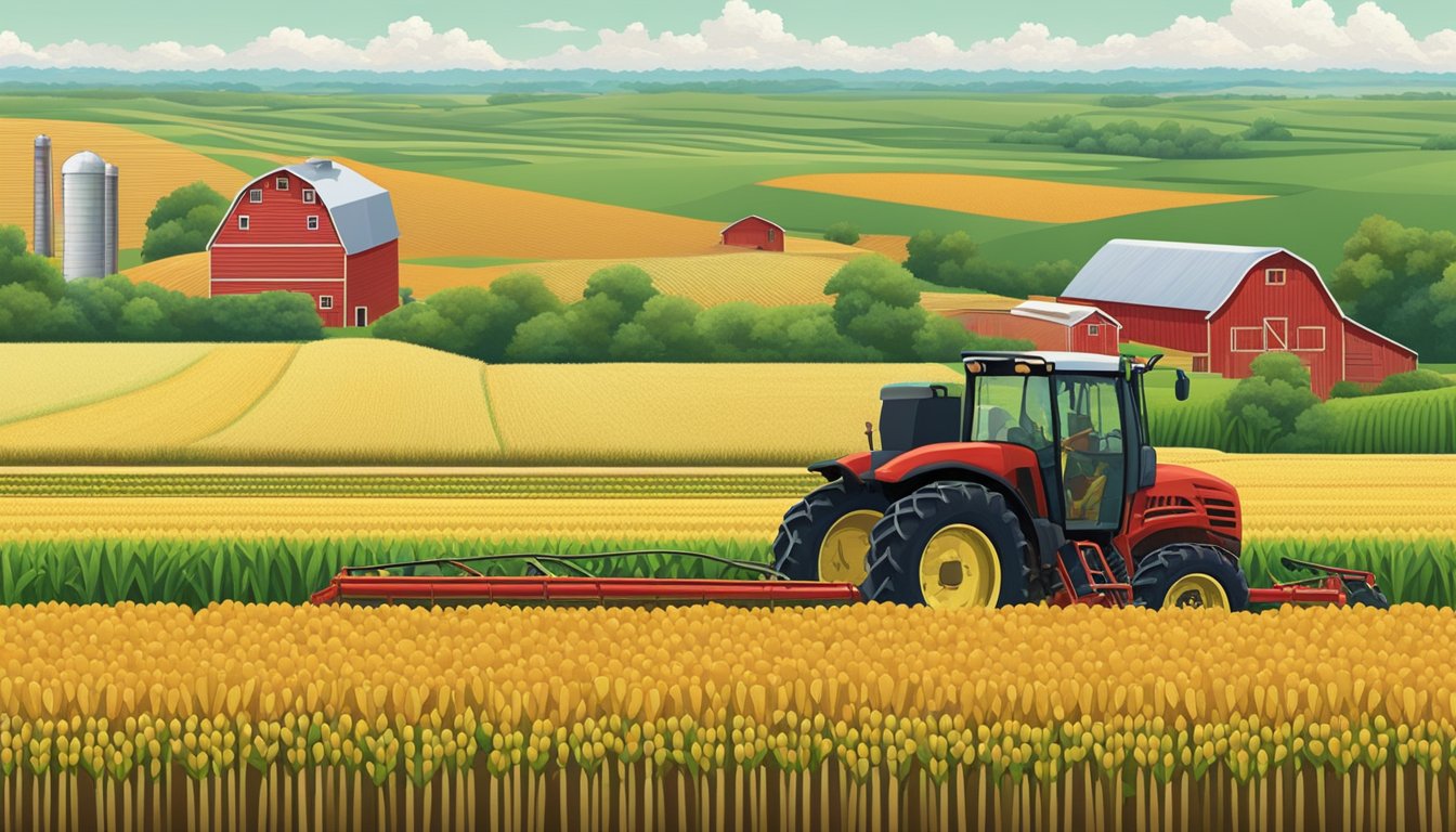 Lush fields of corn and soybeans stretch to the horizon, dotted with red barns and silos. A tractor plows the rich, fertile soil