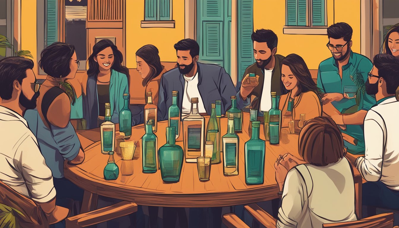 A table with several empty glasses and a bottle of mezcal, surrounded by people socializing