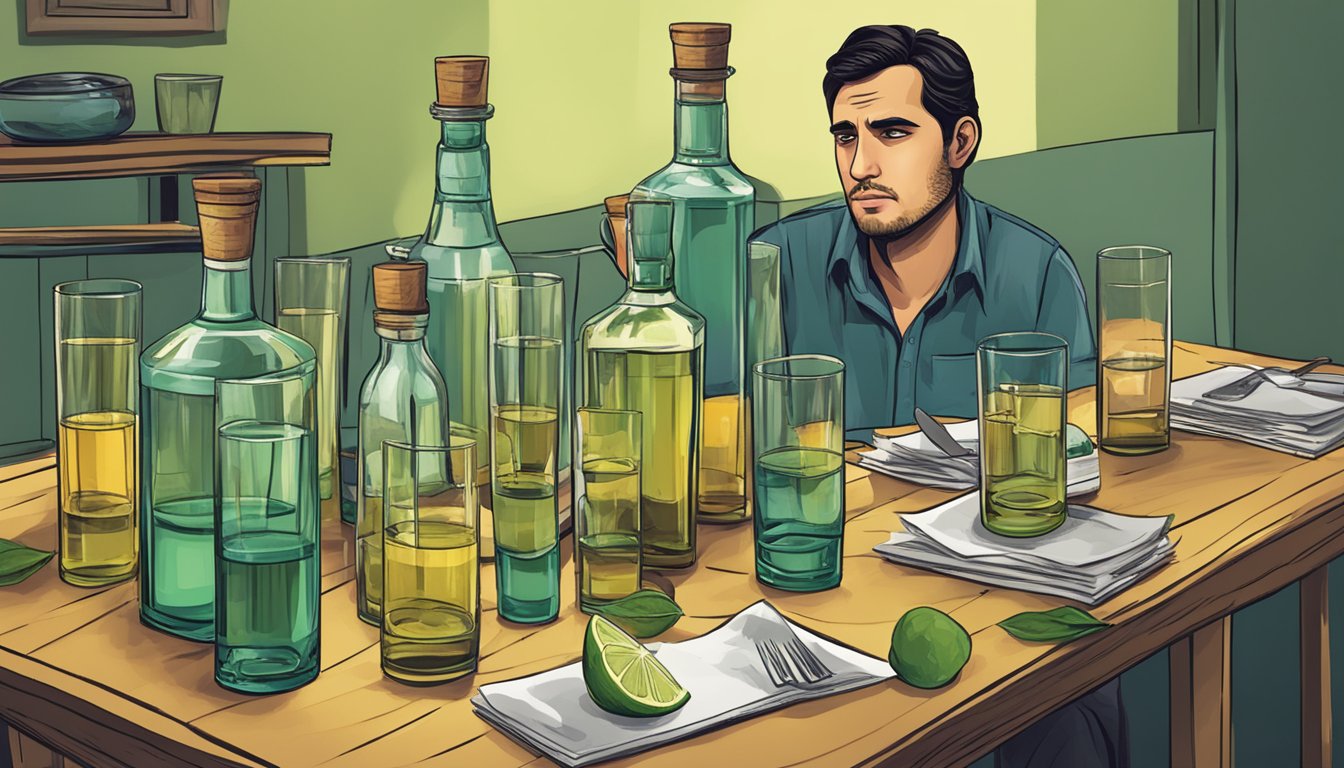 A table with multiple empty mezcal glasses, a bottle, and a concerned expression on a person's face