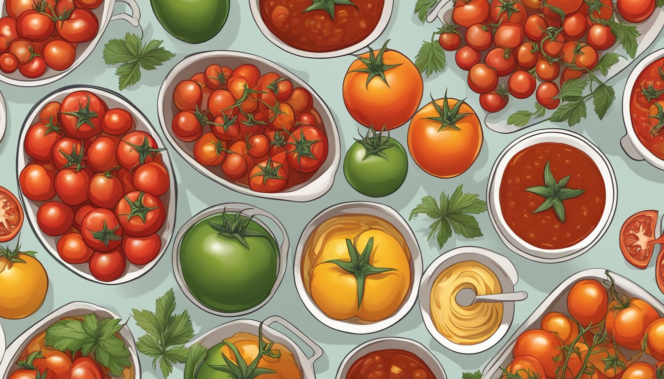 A table with various servings of tomatoes, ranging from whole tomatoes to tomato sauce, arranged in a visually appealing manner