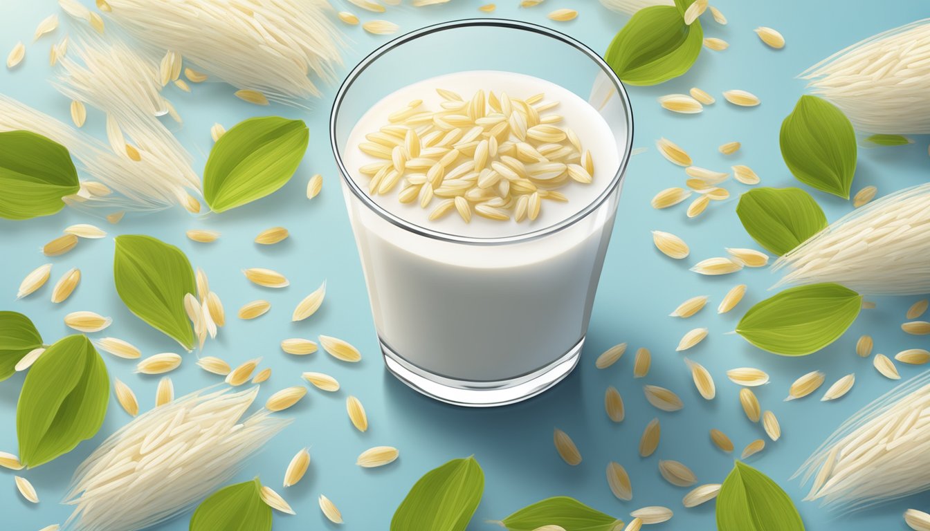 A glass of rice milk overflowing with rice grains, surrounded by empty glasses