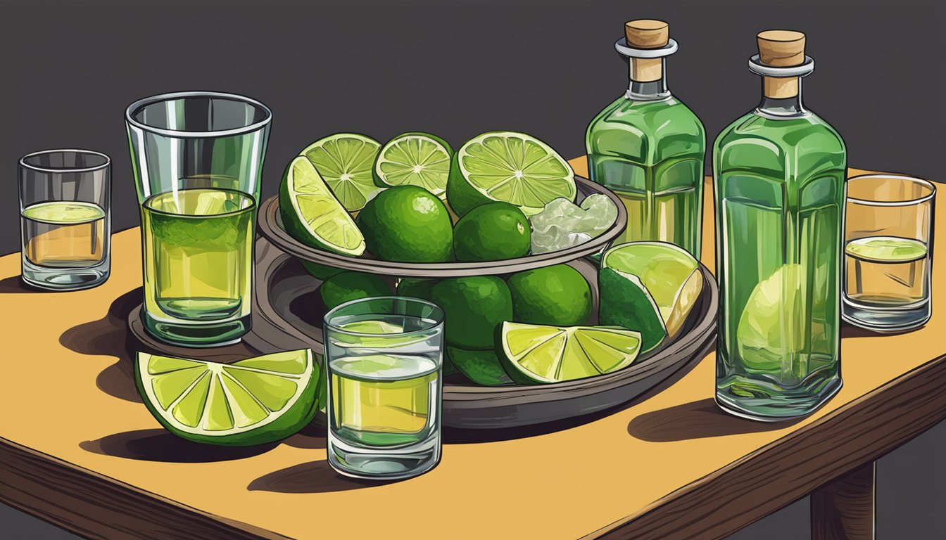 A table with multiple glasses of mezcal, some empty and some still filled, surrounded by bottles of mezcal and lime slices