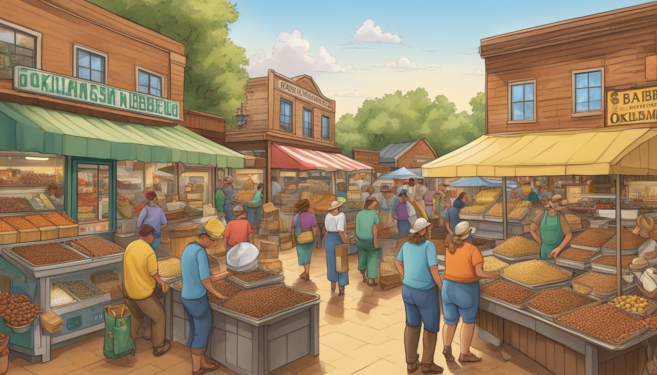 A bustling market filled with colorful displays of pecans, cornbread, barbecue, and fried okra, showcasing the diverse historical roots of Oklahoma's cuisine