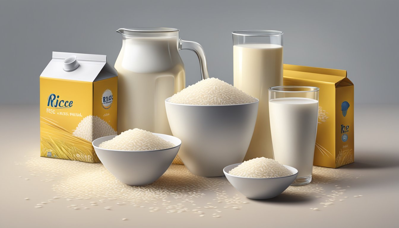 A table with various sizes of rice milk cartons, some spilling over with rice grains and a measuring cup filled to the brim