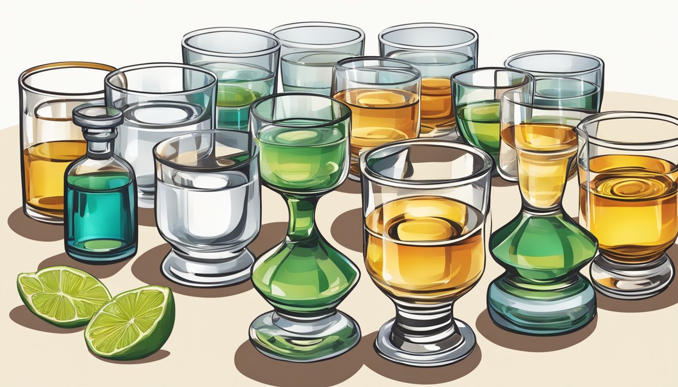 A table with various glasses of mezcal, some empty, some full, with a knowledgeable person examining the color, aroma, and taste of each serving