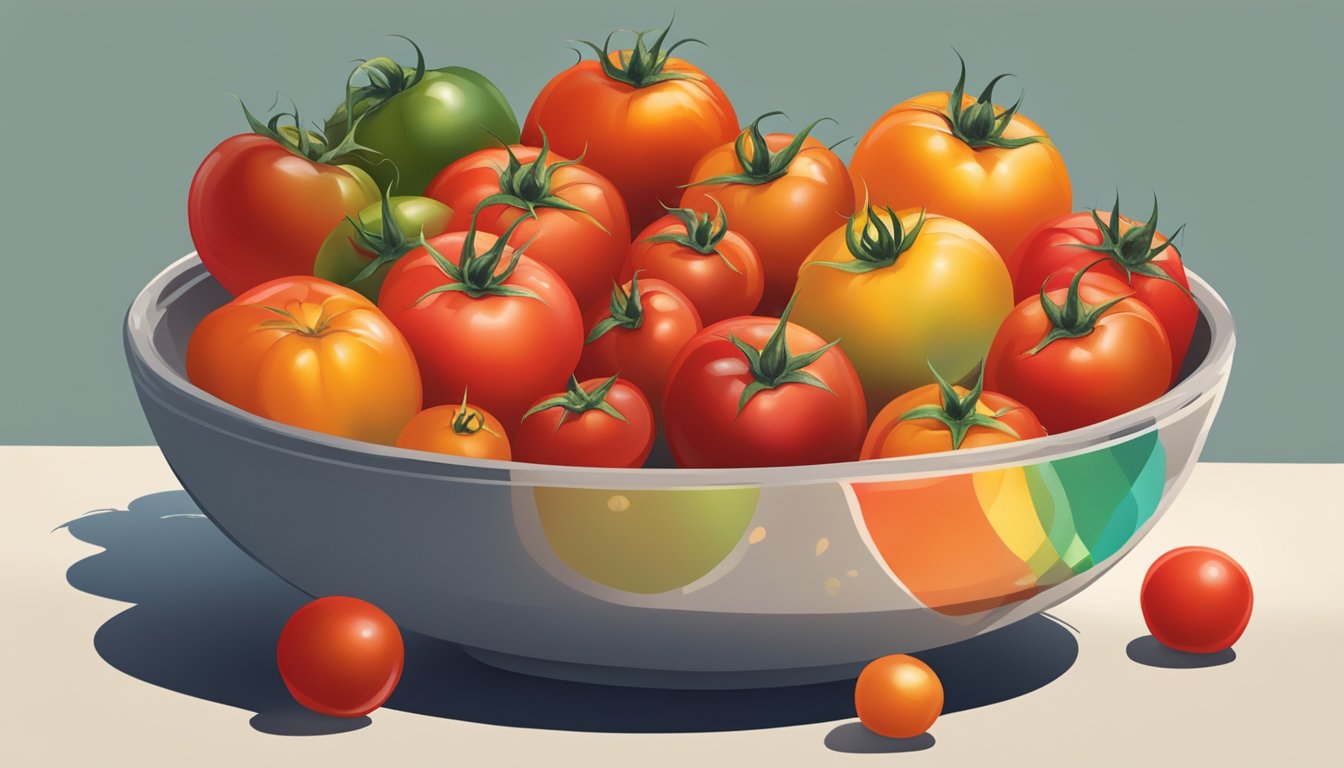 A colorful array of ripe tomatoes arranged in a bowl, with a few tomatoes sliced open to reveal their vibrant red flesh and seeds