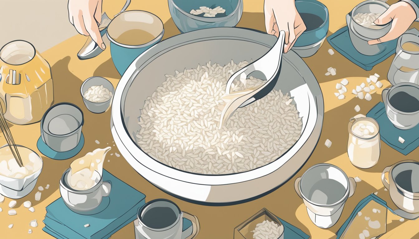 A person pouring an excessive amount of rice milk into a bowl, with multiple empty cartons scattered around