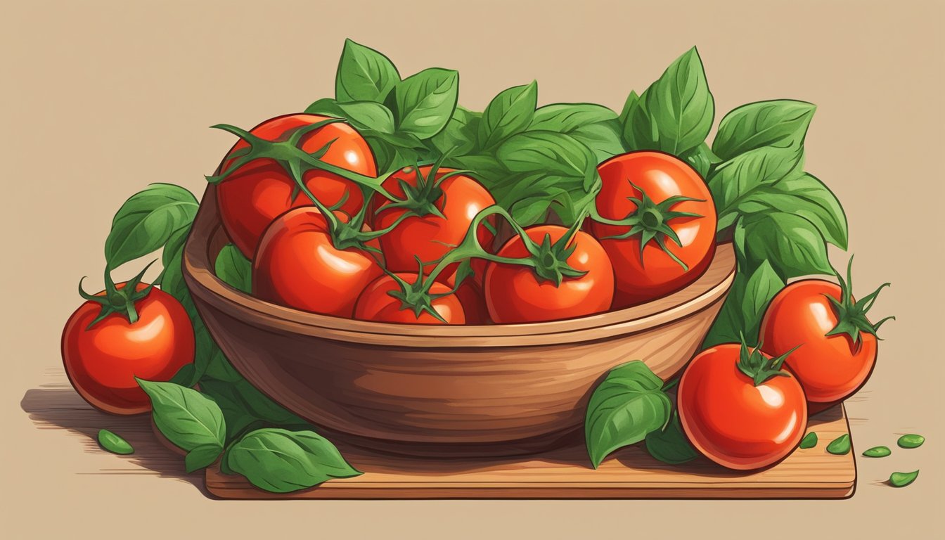 A bowl of ripe tomatoes spilling out onto a wooden cutting board, surrounded by vibrant green basil leaves and a scattering of cherry tomatoes