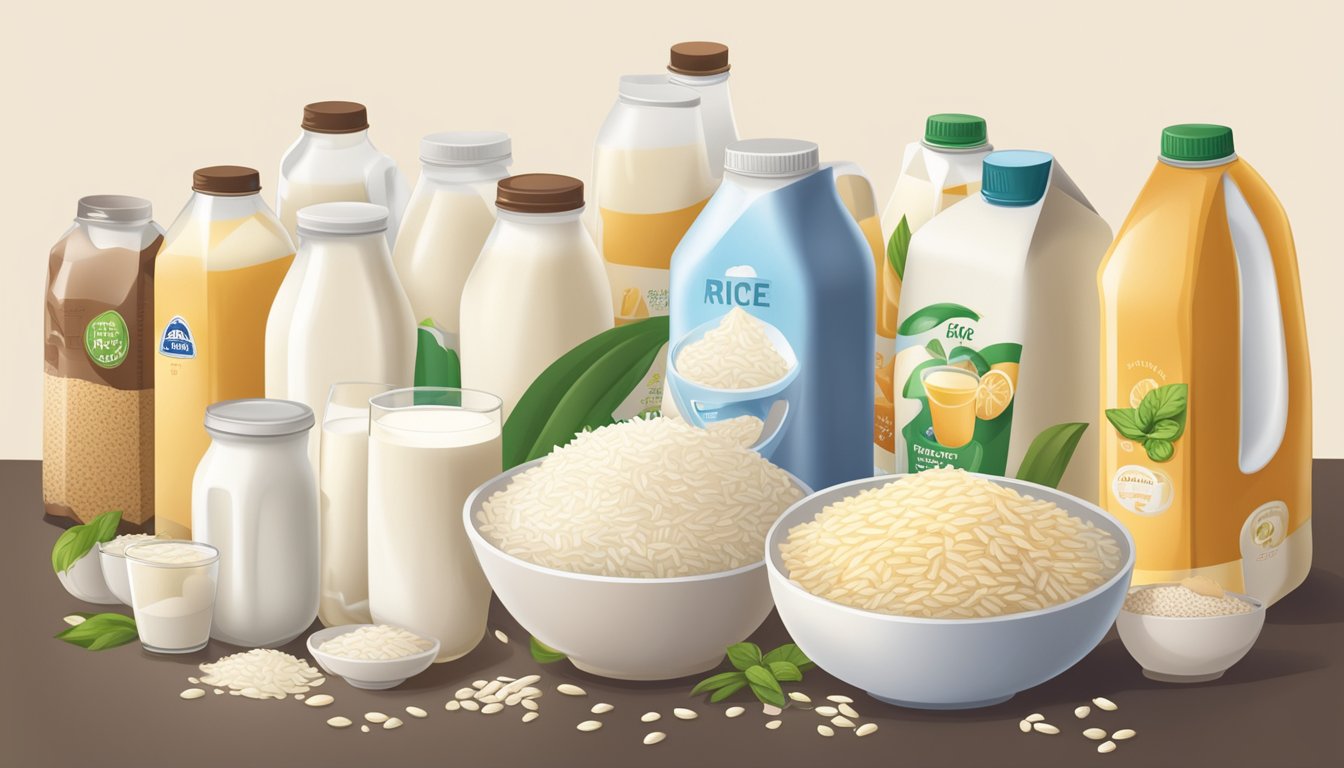 A pitcher overflowing with rice milk, surrounded by various milk alternatives in cartons and bottles