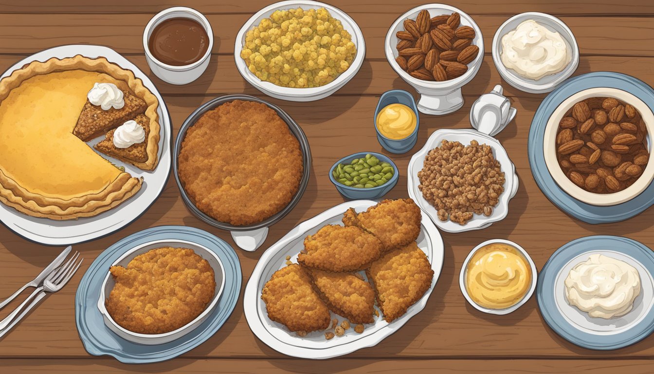 A table spread with classic Oklahoma dishes: chicken fried steak, cornbread, fried okra, and pecan pie