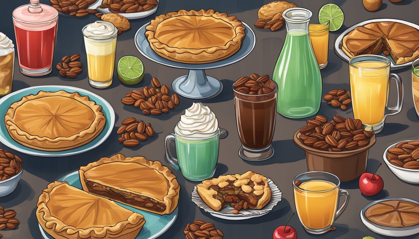 A table displaying Oklahoma's famous sweet treats and beverages, including pecan pie, fried pies, and cherry limeade