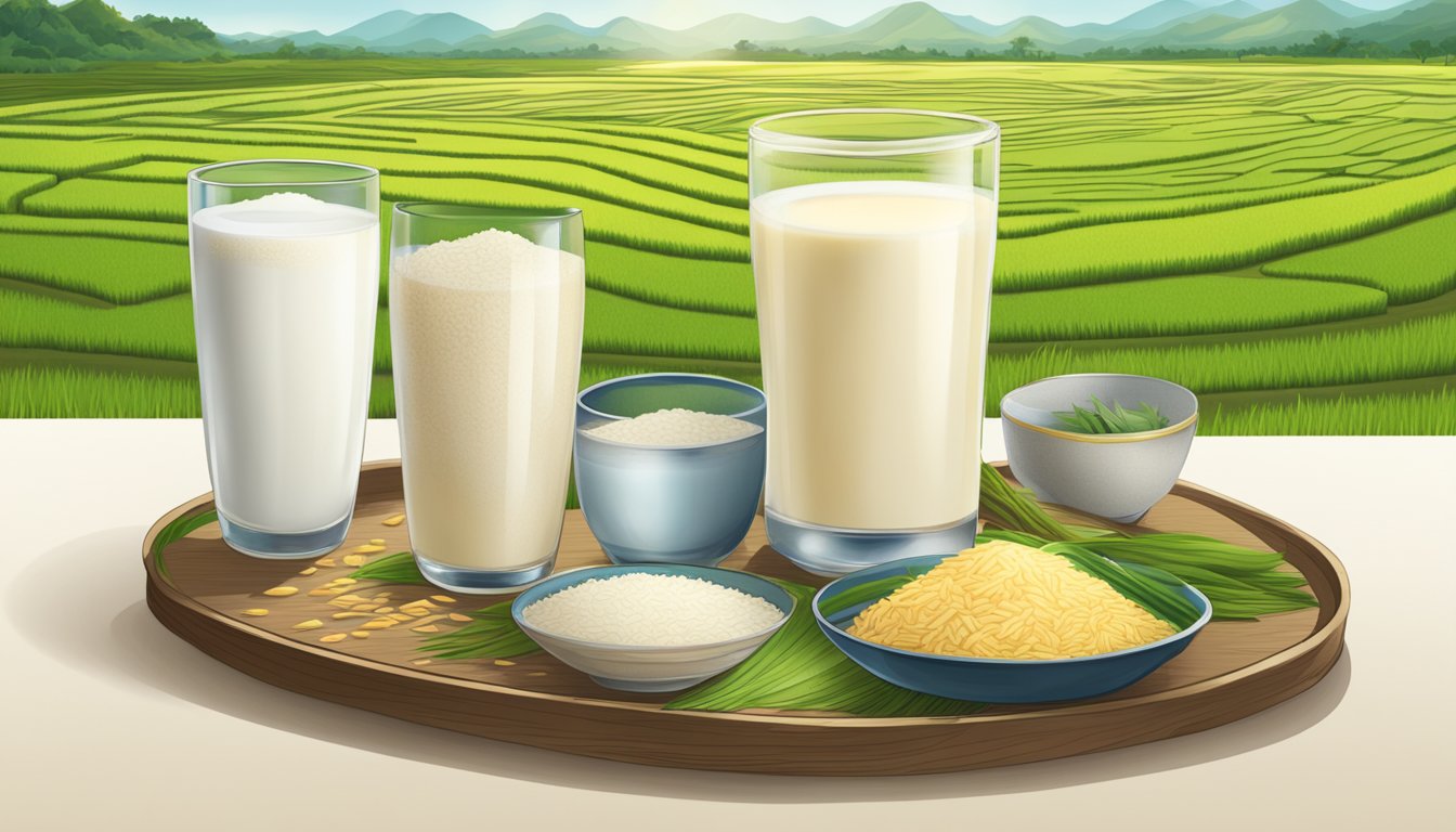 A table with various sized glasses filled with rice milk, surrounded by images of rice fields and ethical farming practices