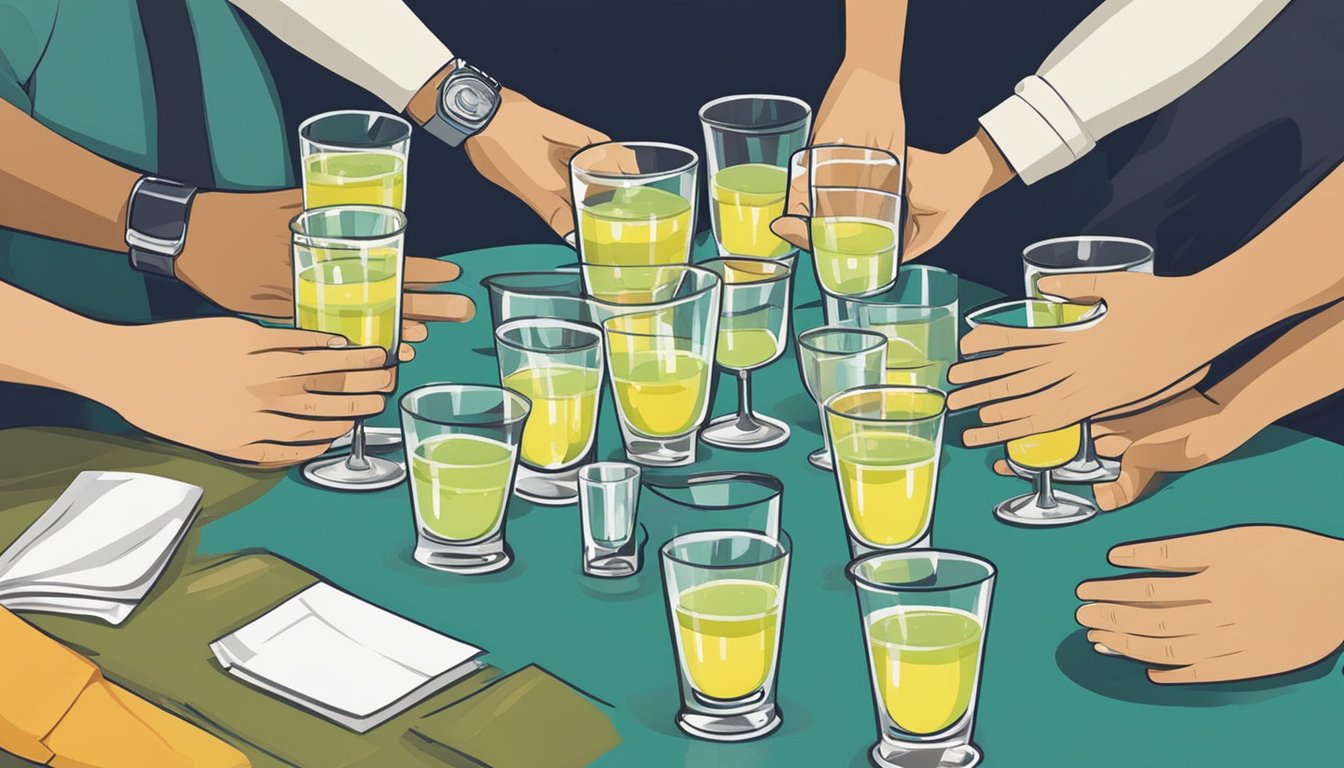 A table with empty and half-full glasses of pisco, surrounded by concerned faces and gesturing hands