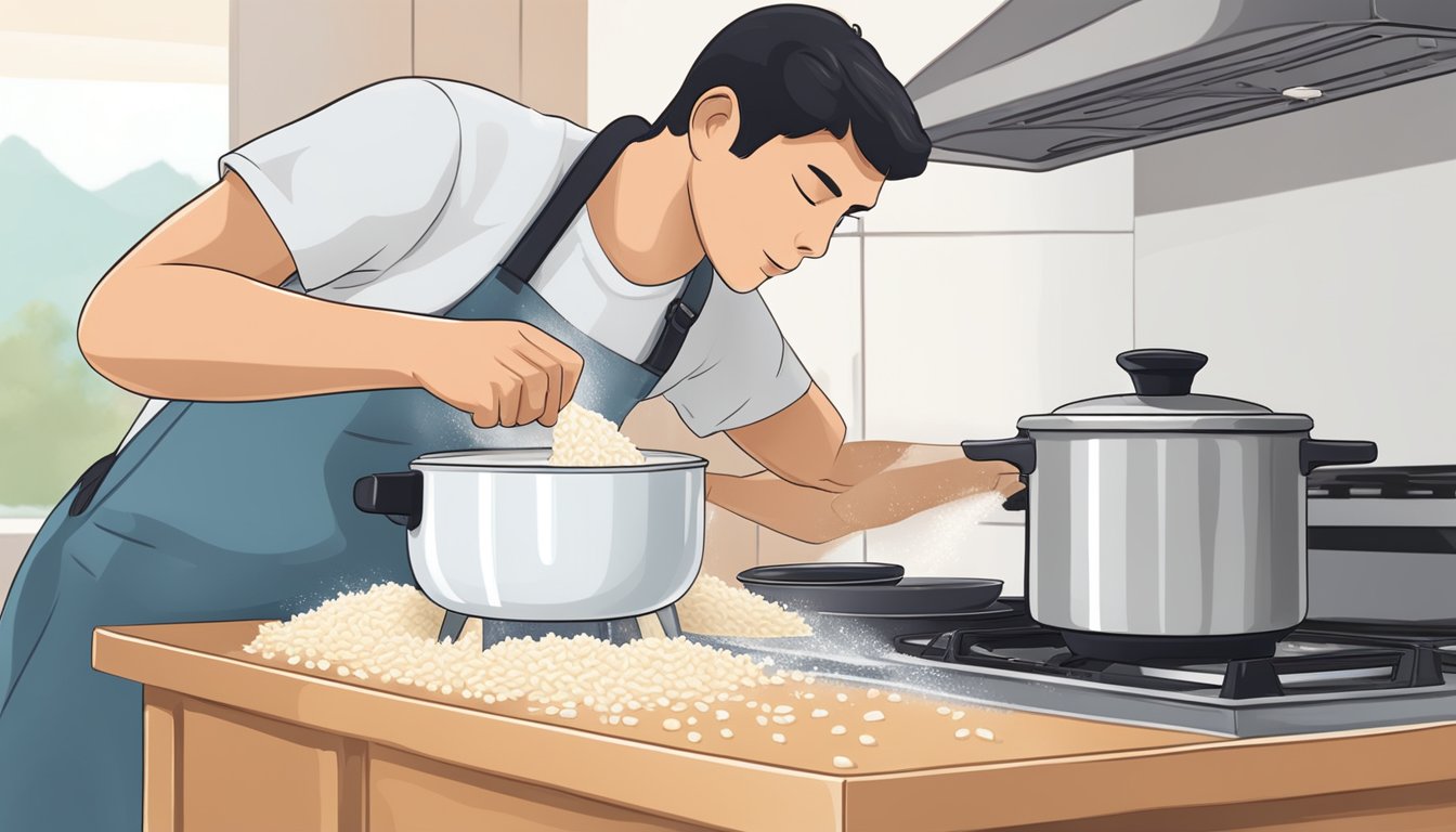 A person pouring an excessive amount of rice milk into a pot on the stove