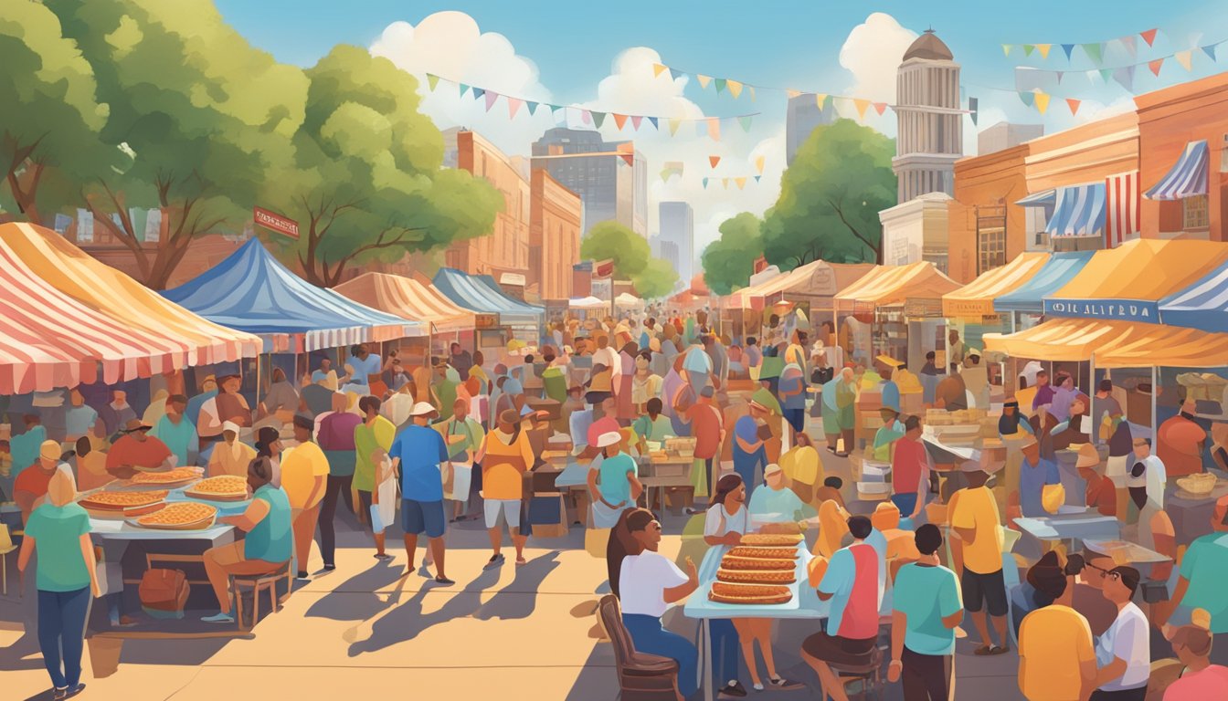 A bustling food festival in Oklahoma featuring iconic dishes like barbecue, fried okra, and pecan pie. Colorful food stalls and lively crowds fill the scene