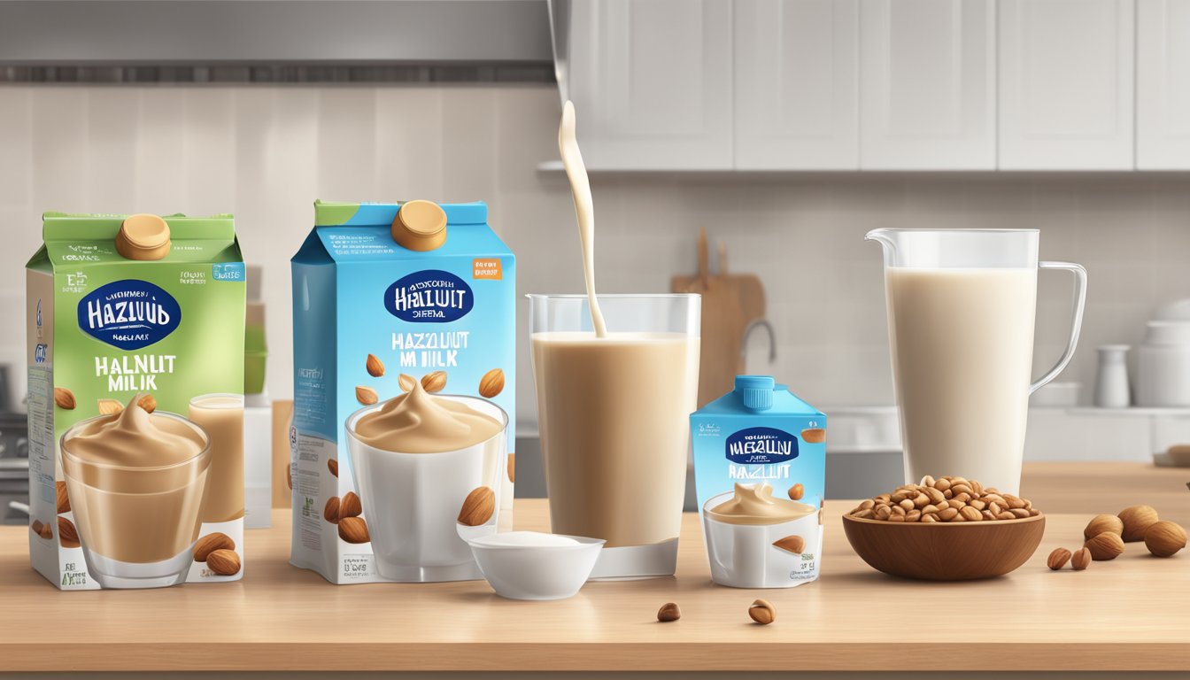 A group of hazelnut milk cartons stacked on a kitchen counter, with a measuring cup pouring out multiple servings into a glass