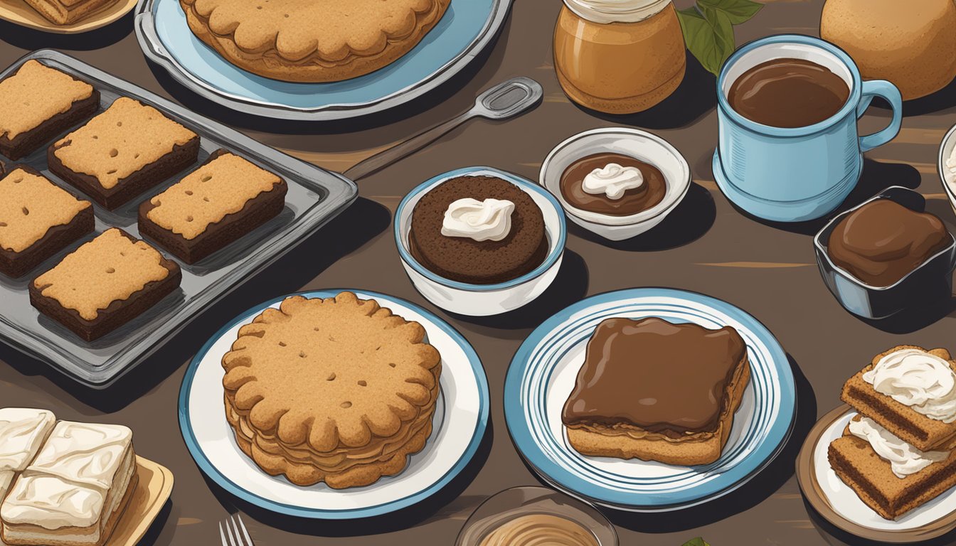 A table spread with Pennsylvania Dutch cuisine: shoofly pie, chow-chow, scrapple, and whoopie pies