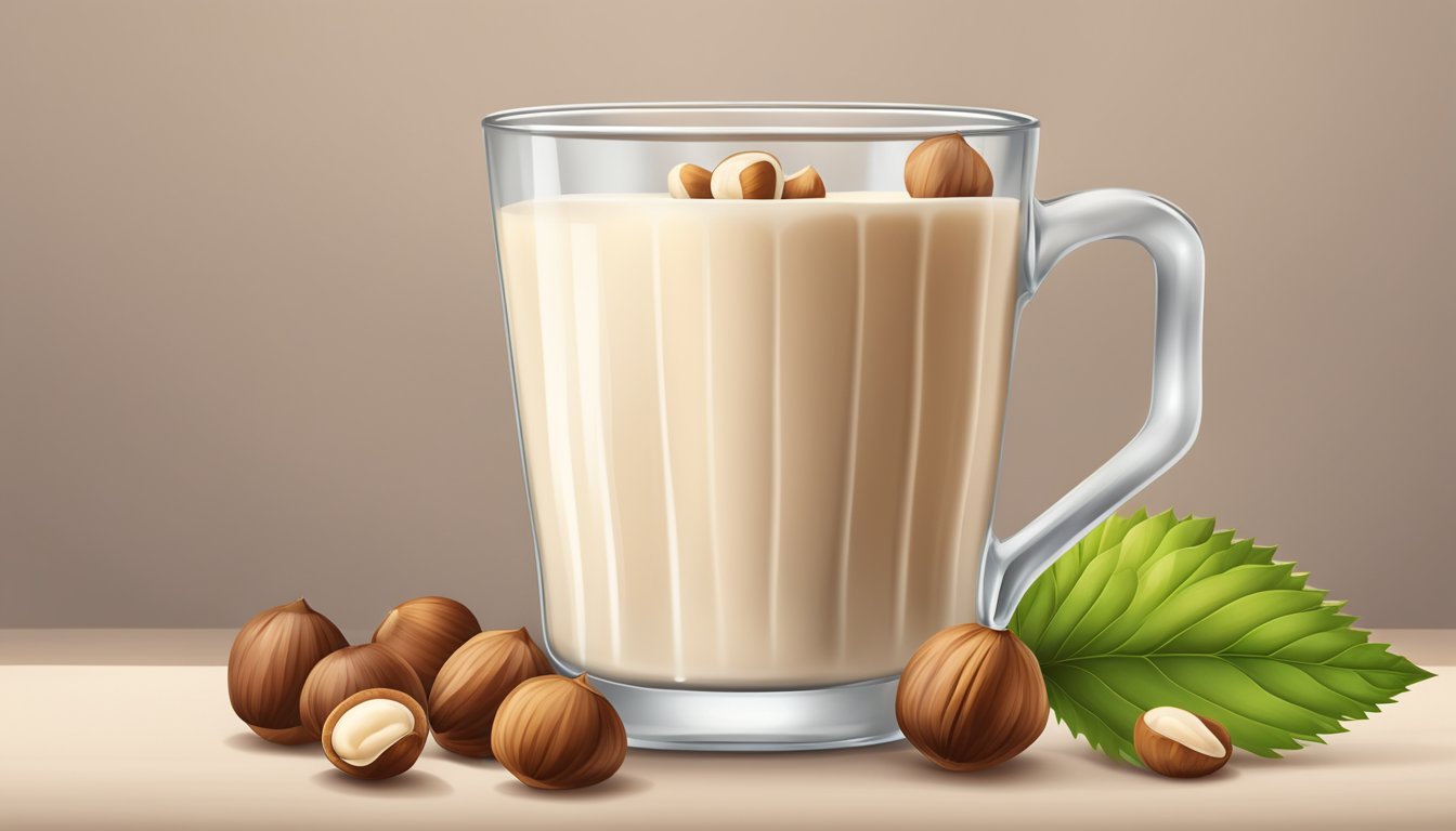 A glass of hazelnut milk overflowing with hazelnuts, accompanied by a measuring cup and a pile of hazelnuts