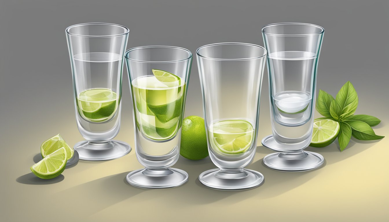 A table with three empty pisco glasses and one full glass