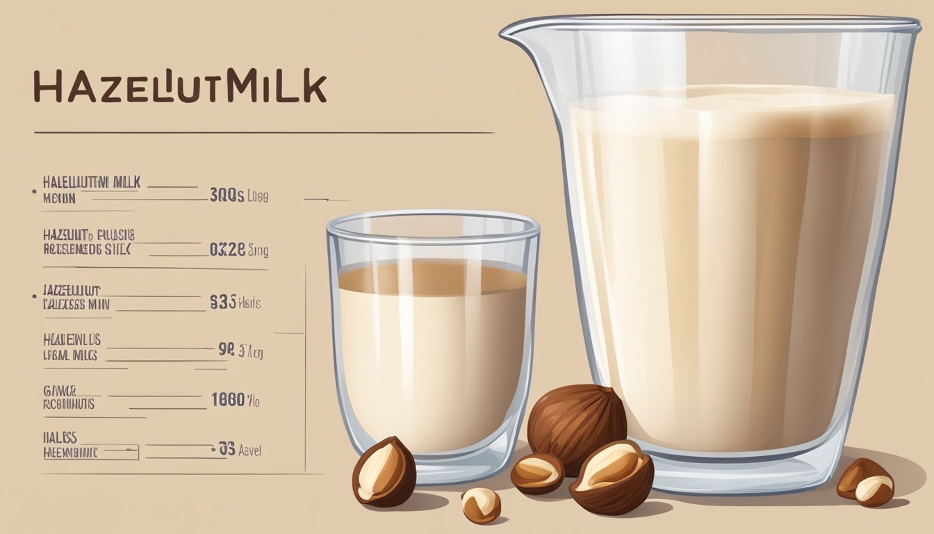 A glass of hazelnut milk overflowing with hazelnuts and a measuring cup showing recommended serving size